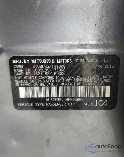 2017 Mitsubishi Mirage G4 Es z USA, uszkodzony, nr VIN ML32F3FJ4HHF05860